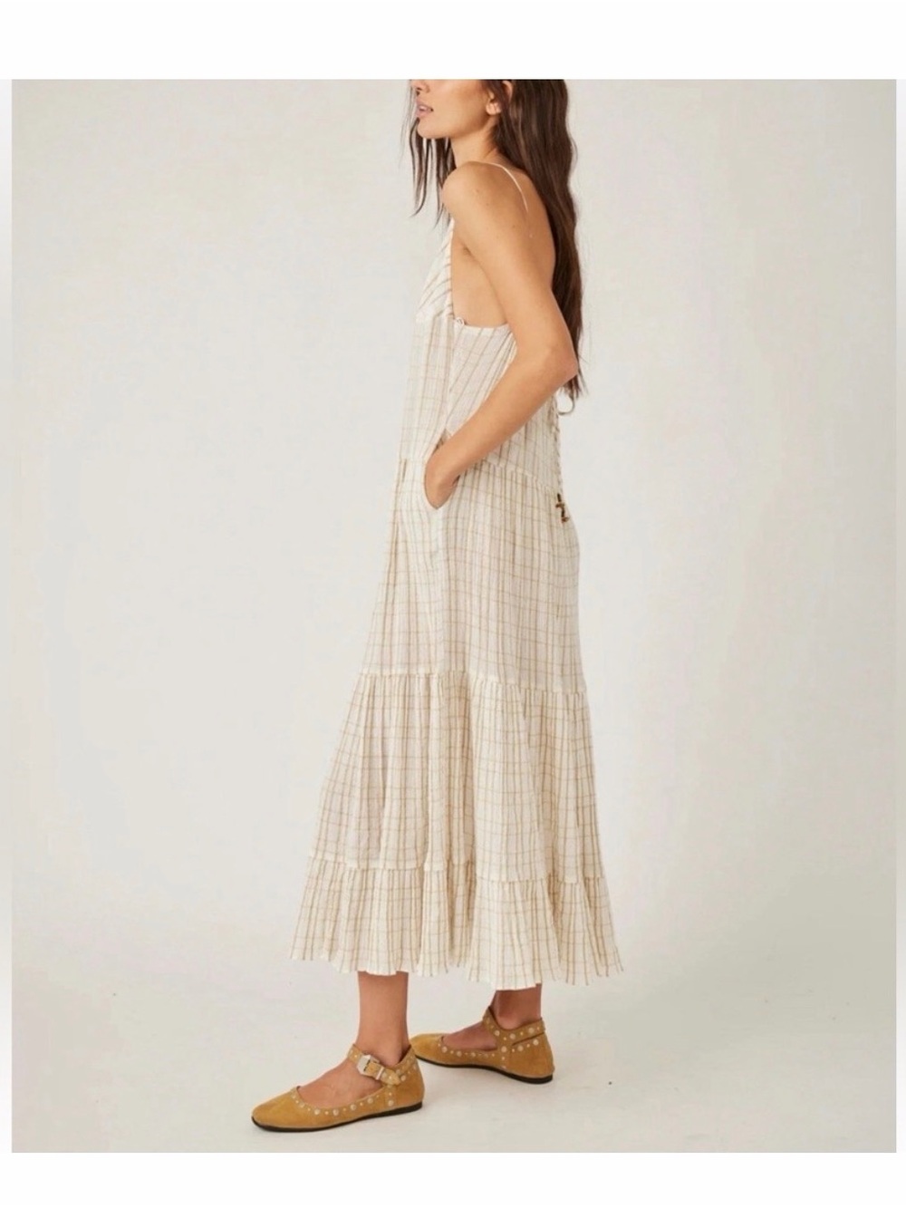 Free People Marigold Maxi Dress, Sz M, NWOT, Cream/Brown plaid - Picture 3 of 9